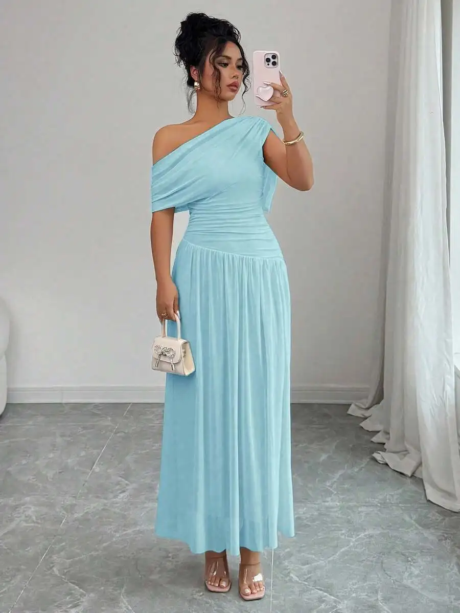 

Elegant Asymmetric One Shoulder Pleated Cinched Waist Long Dress Solid Color