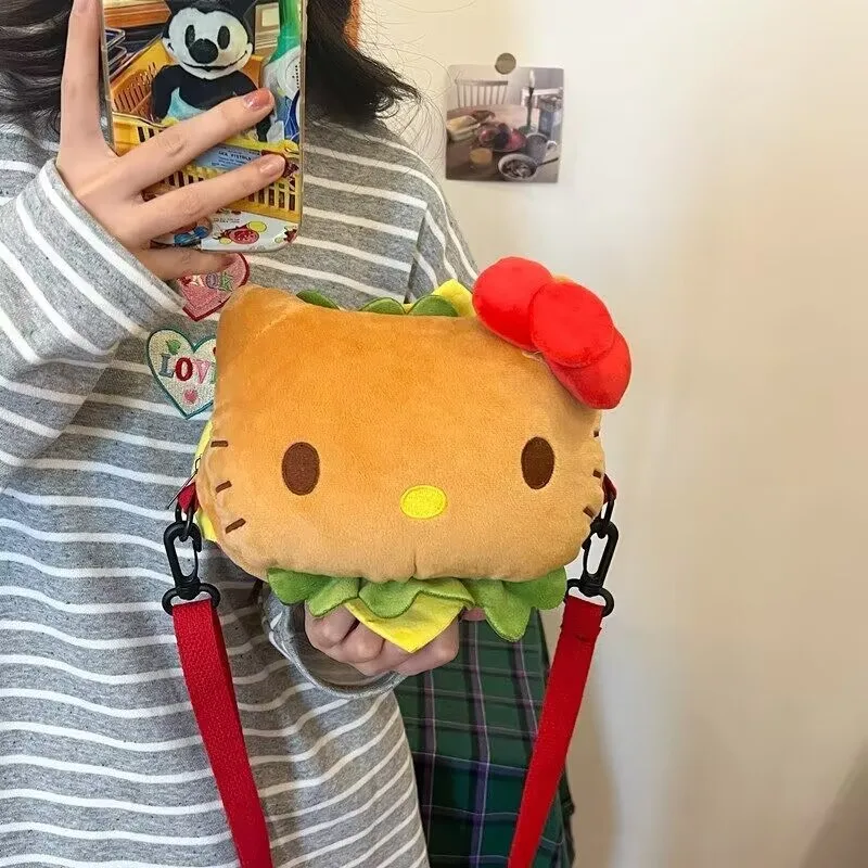 Sanrio Hello Kitty hamburguesa bolsas de felpa Kawaii Anime bolso cruzado moda bolso de hombro bolso de peluche suave regalos de vacaciones juguete para niños