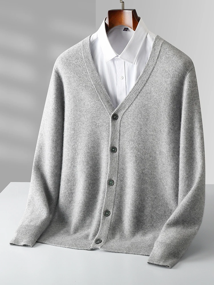 Autumn Winter Men's Cashmere V Neck Cardigan 100% Merino Wool Sweater Zipper Soft Knitwear Thick Warm Casual Male Tops