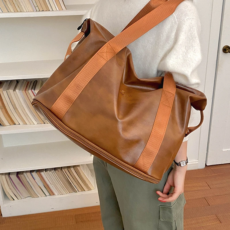 PU Leather Travel Duffel Bag for Women, Expandable Weekender Overnight Bag with Large Bottom Compartment, Carry On Travel Bag