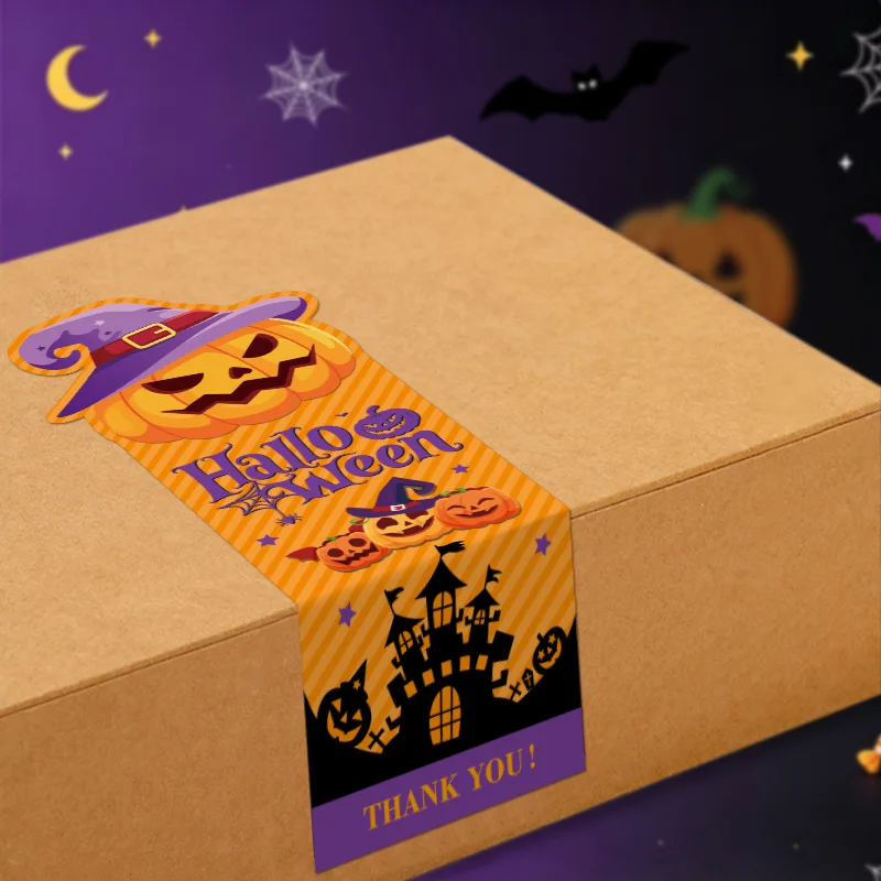 50Pcs/Pack Cartoon Halloween Stickers Rectangular Thank You Seal Stickers Cute Pumpkin Ghost Self Adhesive For Package Decor