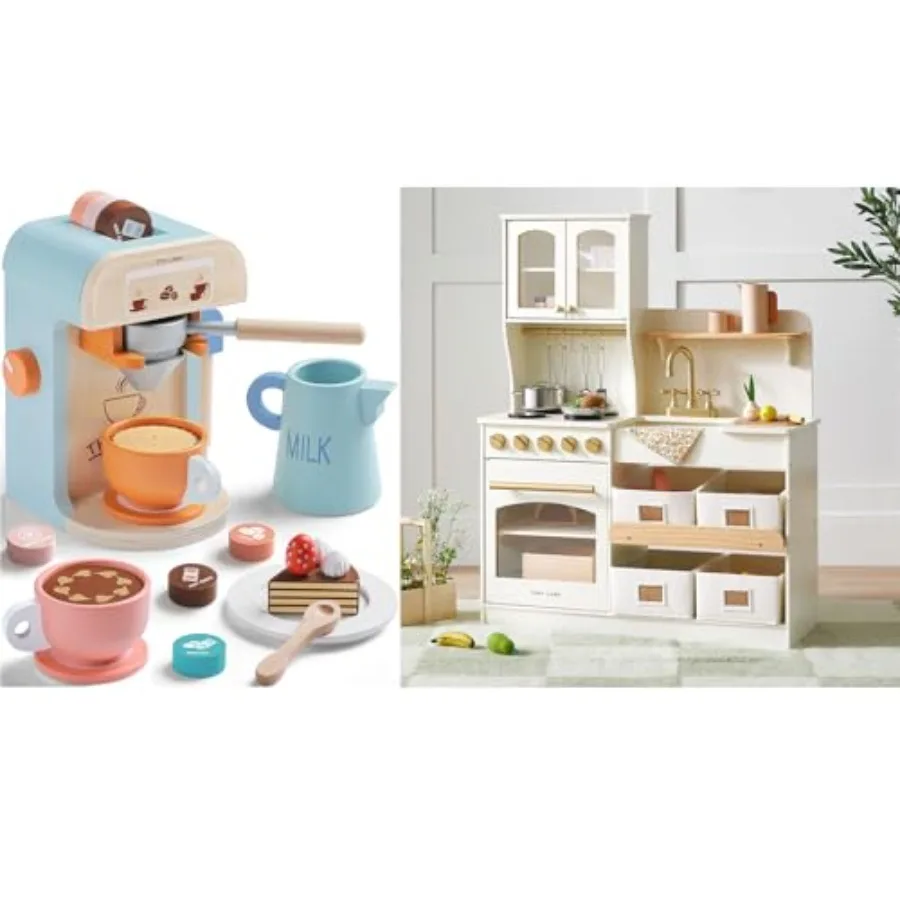 

Play Kitchen with Storage System Toys and Coffee Maker Wooden Kitchen Playset for Girls and Boys: Indoor Use, Wood, Natural Col
