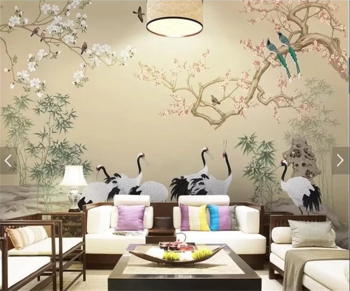 Customized large-scale murals new Chinese style hand painted magnolia flowers and birds Bedroom study background wall wallpaper