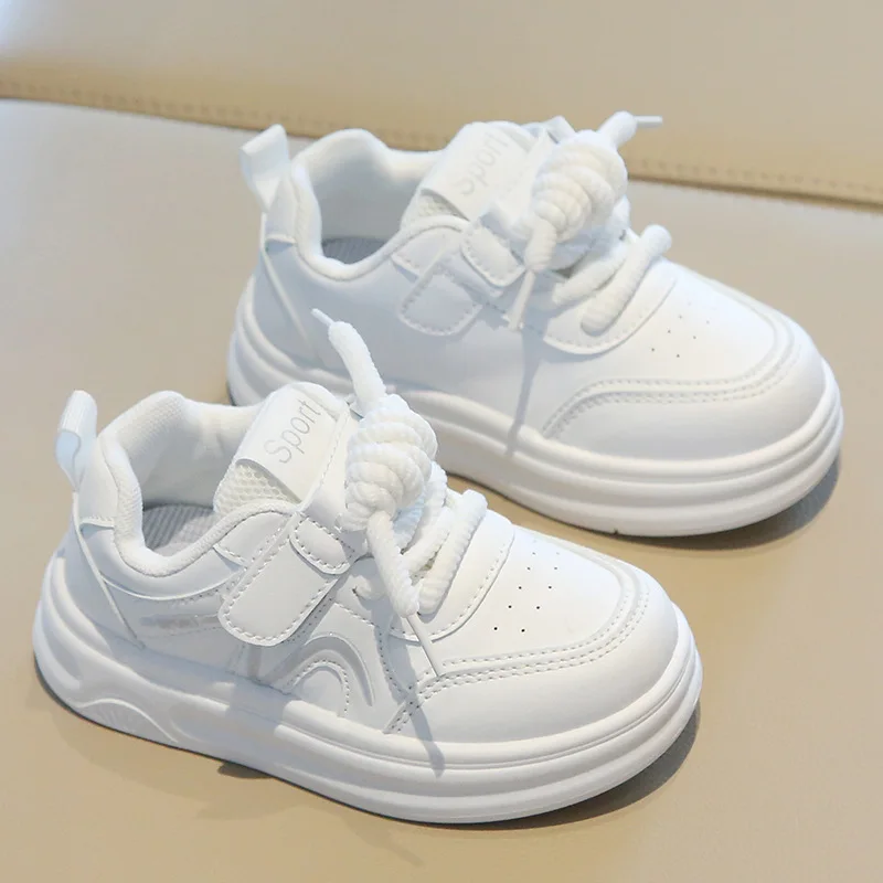 

Children Spring Autumn Fashion White Shoes Boys Front Lace Up Velcro Lightweight Sneakers Girls Casual Soft Soled Non Slip Shoes