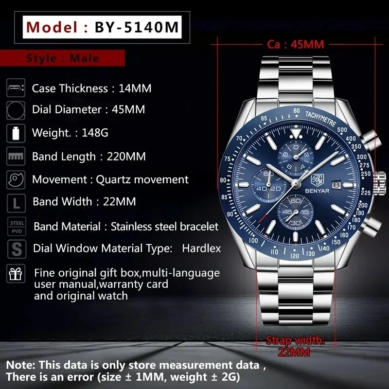 BENYAR 5140 Top Brand Men Quartz Watch, Casual Sports Military Chronograph Wristwatch, 30M Waterproof Luxury Men Watch Reloj Hom