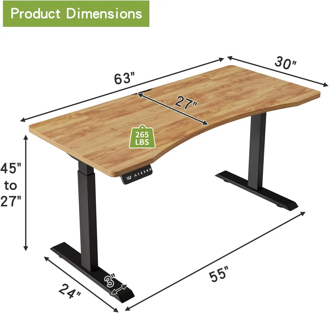 Radlove Dual Motors Height Adjustable 63 X 30 Electric Standing Desk With Curved Design Stand Up Table 4 Memory Keys, Computer