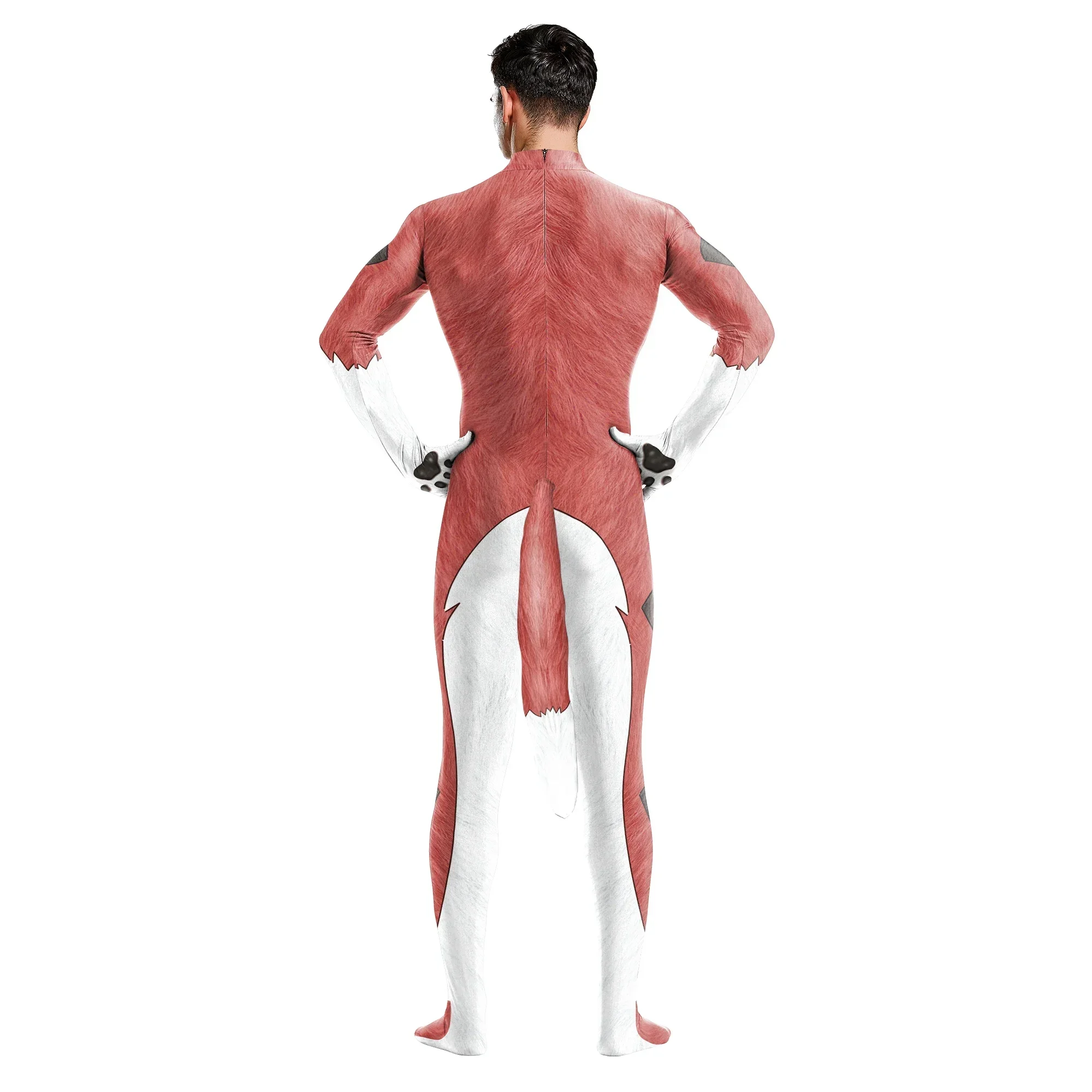 Cosplay Adult Furry Petsuit Animal 3D Print Catsuit Halloween Carnival Outfits Fox with Big Tail Crotch Zipper Zentai Bodysuits