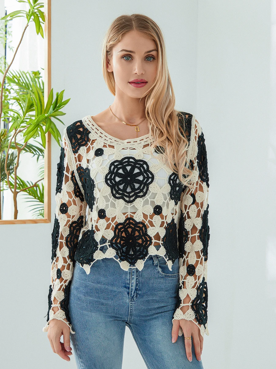 Nowa moda Damskie wiosenne letnie dzianinowe topy z długim rękawem Crewneck Floral Crochet Casual Crop Tops Club Street Style Gorąca wyprzedaż