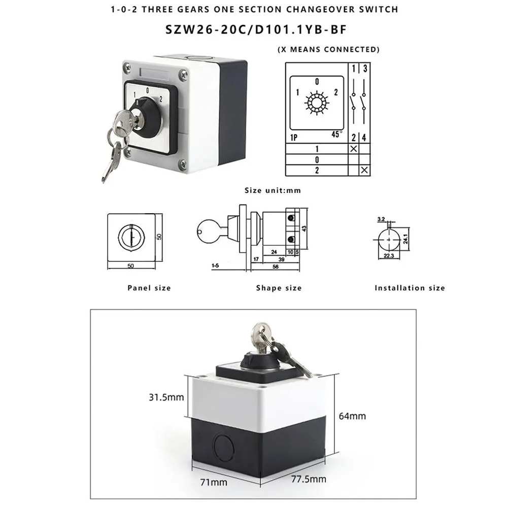 SZW26 20C/D101.1YB BF 20A Rotary Changeover Switch With Key Lock Sealed Enclosure for AC3 AC4 DC21A Duty Cycles