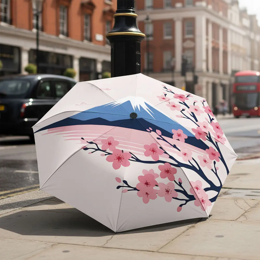 1P C Cherry Blossom Umbrella by Historical Building Print 8 Iron Ribs Folding Umbrella Auto-Open Fashion Sunshade