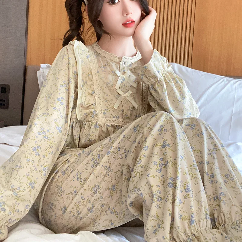 Floral Sleepwear Women Pajama Sets Vintage Piiama Spring Pants Sets 2 Pieces Korean Style Home Suit Bow Long Sleeve Night Wear