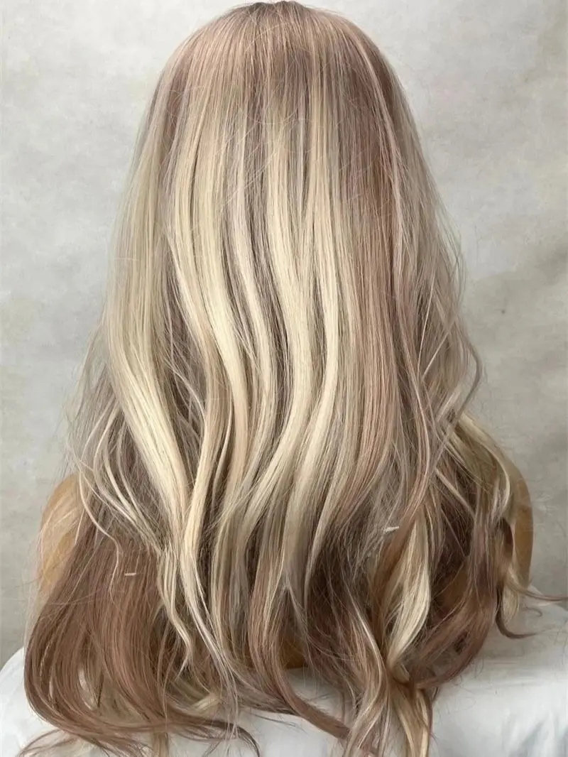 Ombre Ash Blonde Brown Loose Wave Heat Safe Lace Front Synthetic Wig Free Part Glueless Natural Looking Realistyczna peruka do włosów