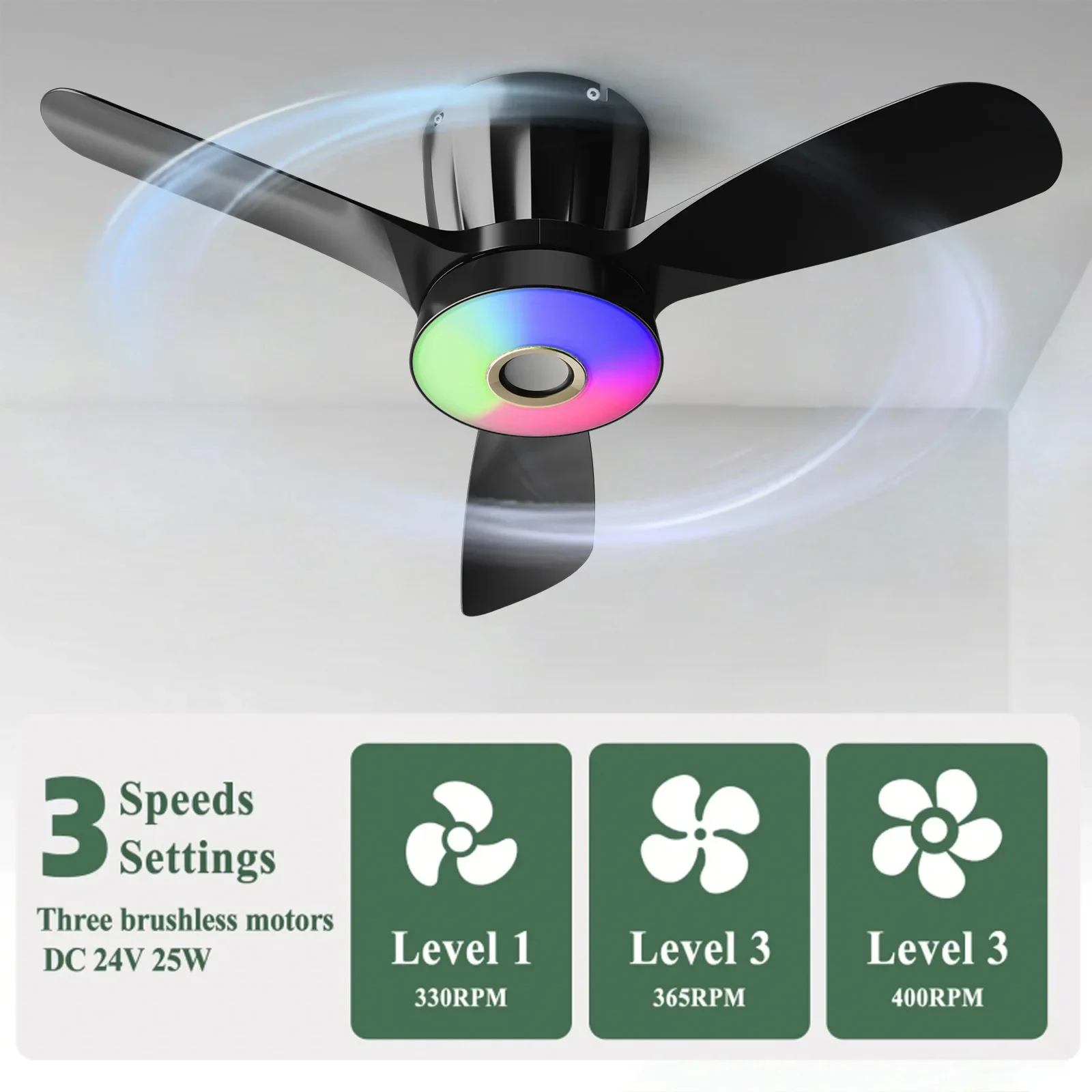 

Intelligent Three Leaf Ceiling Fan Light Dining Room Bedroom Living Room RGB Music Style Ceiling Mounted High Wind Silent Fan
