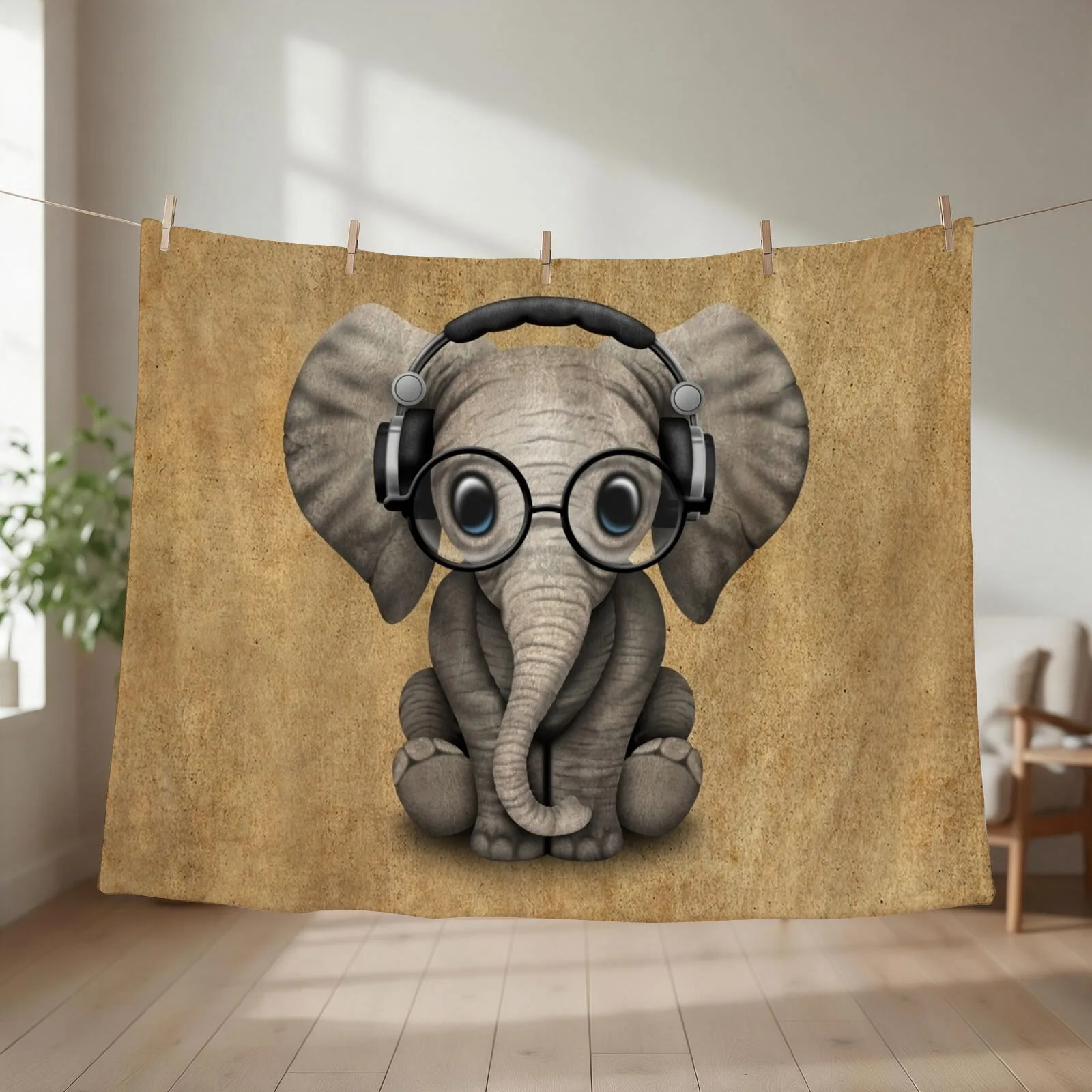 New Cute Baby Elephant Dj Wearing Headphones and Glasses Throw Blanket couch cozy soft plush fuzzy picnic outdoor blanket