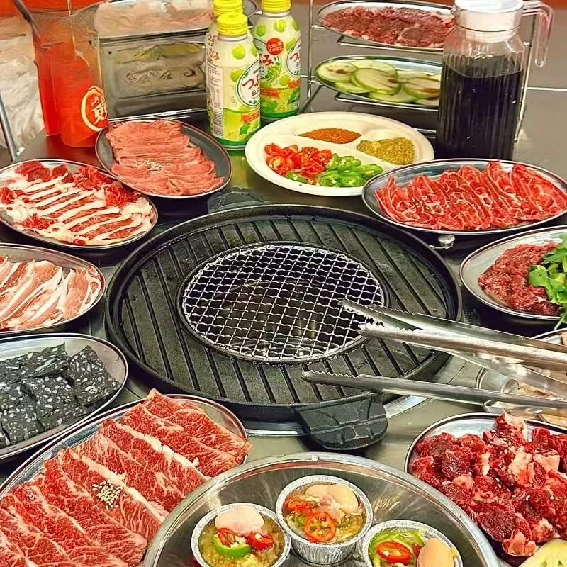 Stainless steel charcoal oven Korean cast iron barbecue oven Commercial large upper exhaust barbecue pan Cast iron frying pan