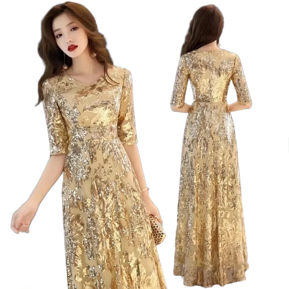 Women Gold Sequin Evening Dress V Neck Half Sleeve Long Maxi Gown Elegant Formal Party Prom Host Wedding Guest Dresses 2026