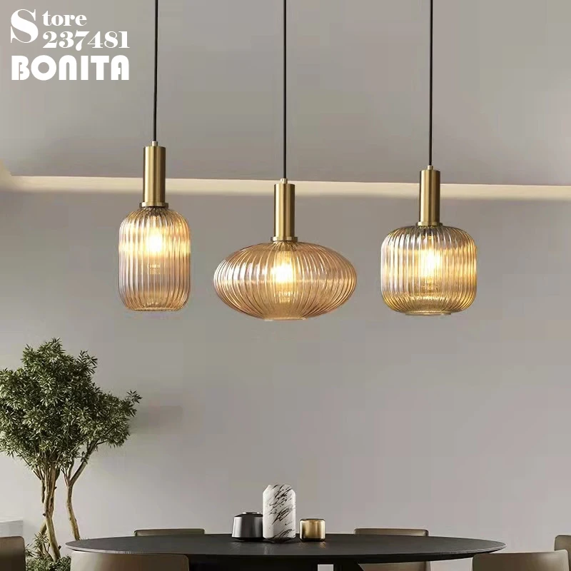 Nordic Luxury Dining Room Pendant Lights Bedroom Striped Glass Pendant Lamp 18 Colors Bar Restaurant Decor Hanging Lamp