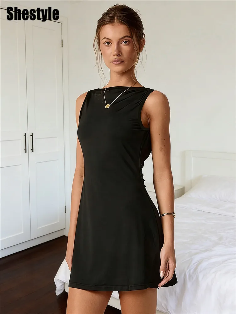

Shestyle Solid A-Line V Backless Sleeveless Women Dress Slim High Waist Pullover Simple Stunning Crew Neck School Clothes