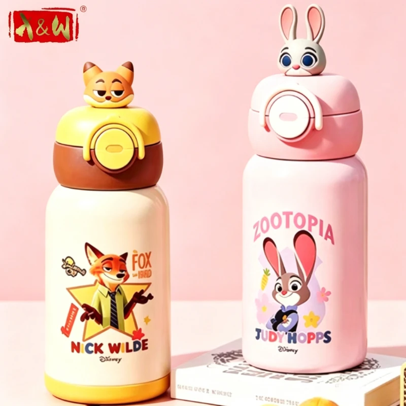 X&W Zootopia 500ml Kid Thermos Cup 316 Stainless Steel Pop-Up Lid Straw Cup with Cup Sleeve Portable Outdoor Travel Water Bottle