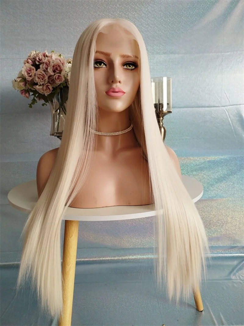 High Quality Platinum White Hair Wigs Long Straight Wigs Natural Hairline Heat Resistant Synthetic Front Lace Wigs For Women