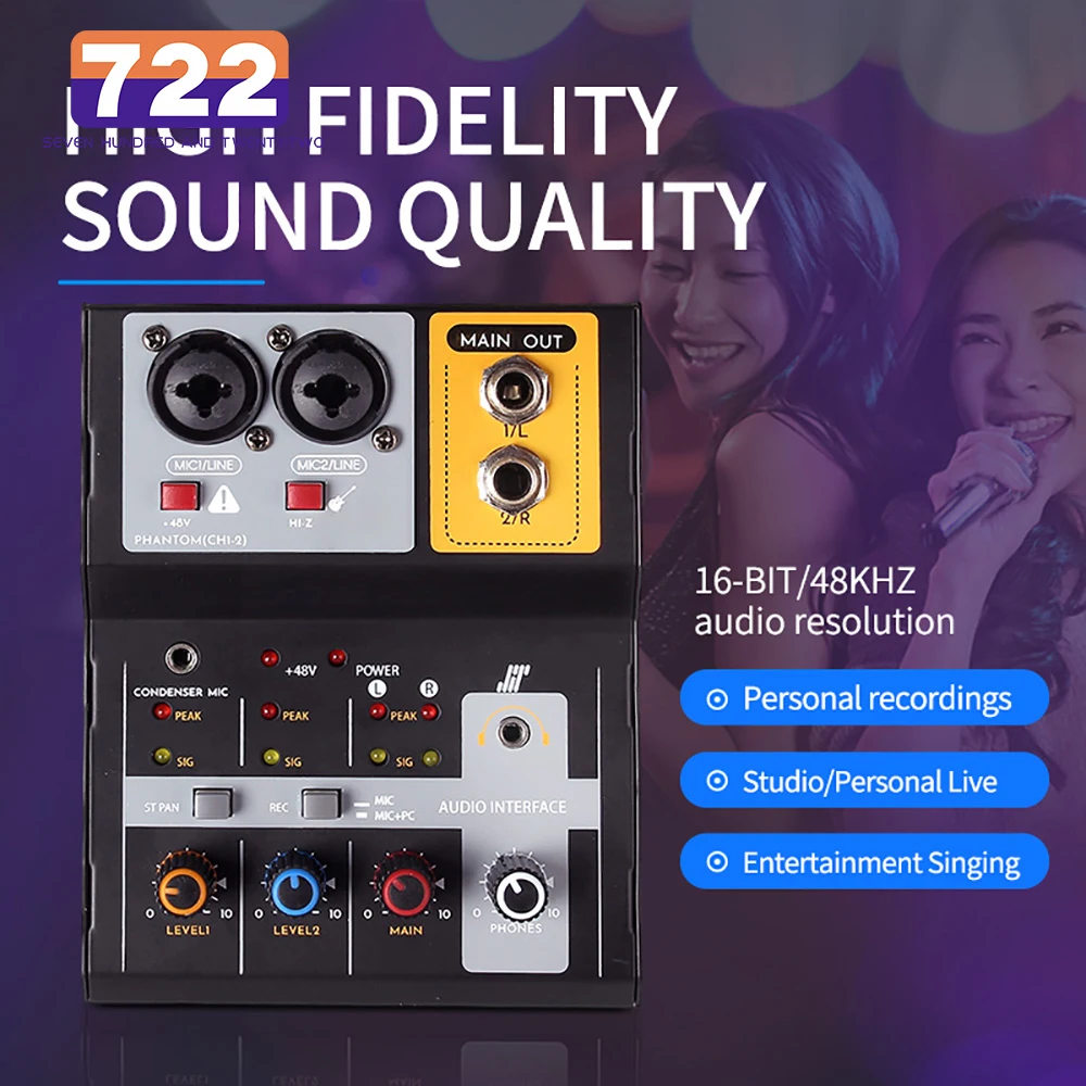 

2 Channels Professional Portable Audio Live Sound Card 48V Phantom Power Console for Recording Studio Singing Live Broadcast