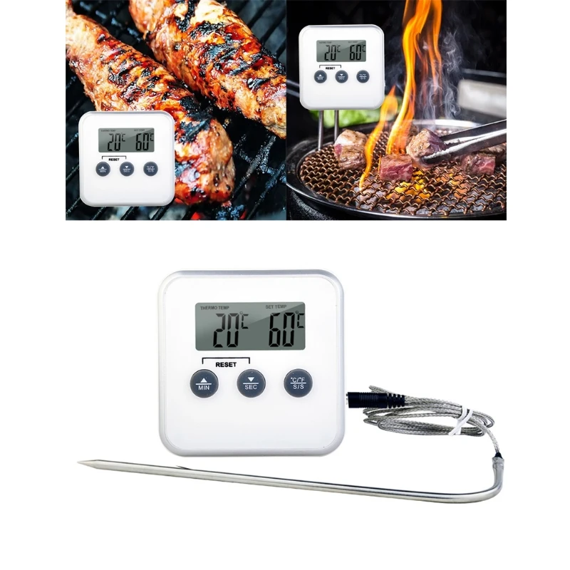 Thermometer Detection with Timer Function & Probe Kitchen Cooking Temperature Alarm Oven Barbecue