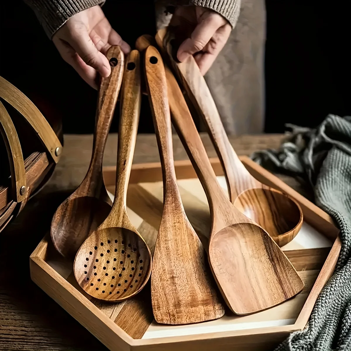 

Teak Wood Cooking Set 10PCS Non Stick Kitchen Utensils Spatula Spoon Fork