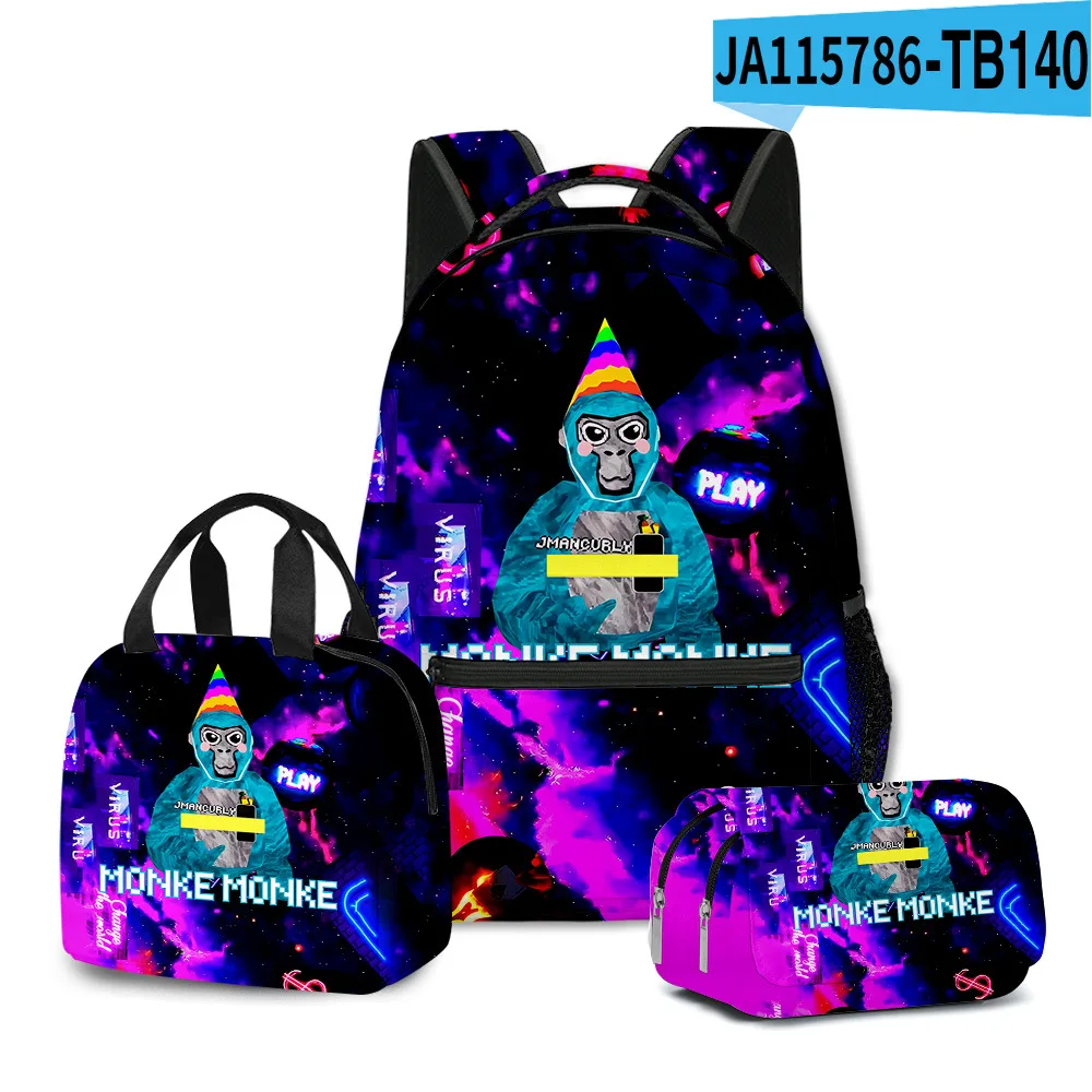 Classic Popular Novelty Gorilla tag 3D Printed 3pcs/Set student School Bags Travel Notebook Backpack Lunch bag Pencil Case image 3