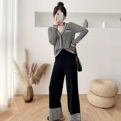 Trousers Woman Black Crochet Sweater Wide Leg Pant Sets for Women 2 Pieces Knitted Lattice Chic and Elegant Y2k Streetwear Full