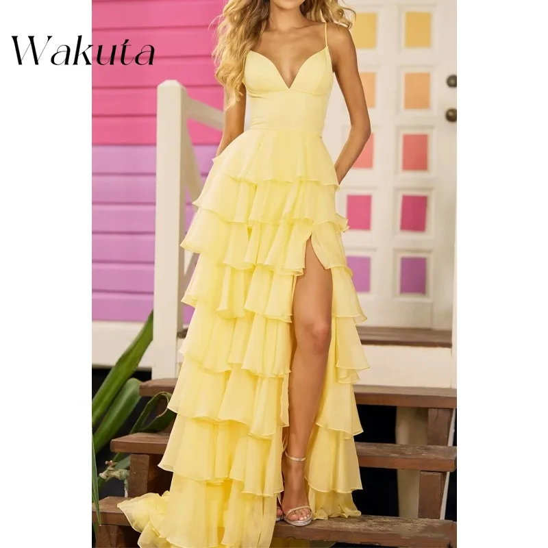 Wakuta Sexy V-neck Off Shoulder Chiffon Party Dresses High Waisted Ruffled Edges Tiered A-line Back To School Vestidos De Fiesta