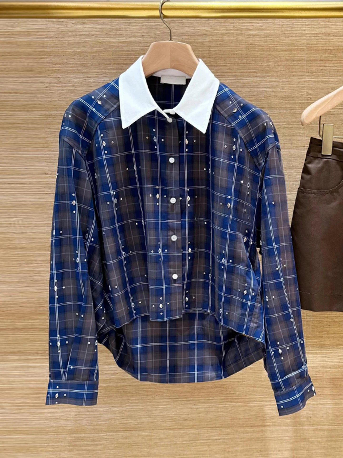 S 홈 난 유 하이엔드 여성 패션 세트 가을 다이아몬드 장식 체크무늬 탑 스커트 팬츠 세트 25-35세