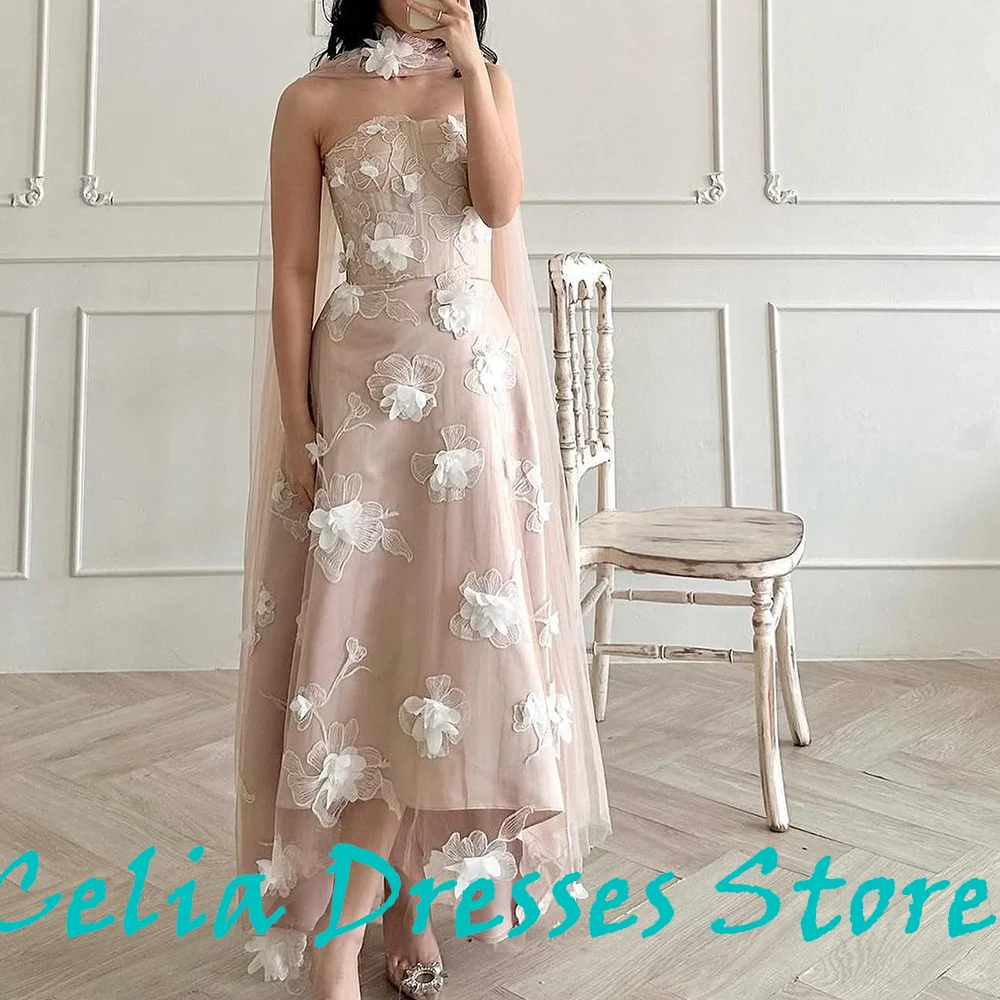 Saudi Arabia Evening Gowns Straight Pleats Sleeveless Strapless Ankle Length Appliques Fashion Bespoke Occasion Gowns Exquisite