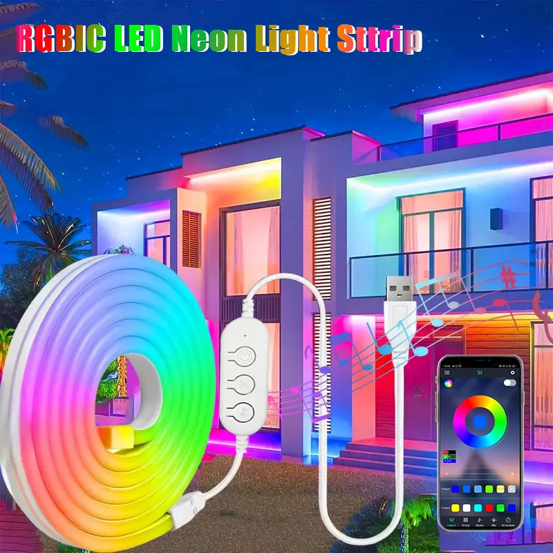 

DC5V RGBIC Neon LED Strip Lights Waterproof Neon Rope Light with Music Sync DIY Bedroom Home Decoration Changing Ambient Light