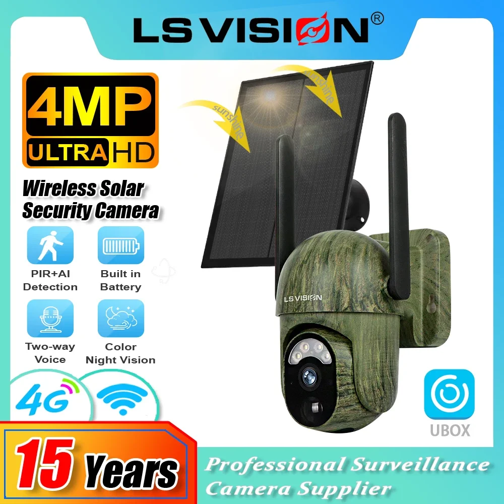 LS VISION 4MP Camouflage Solar Surveillance Camera Hunting Monitor Night Vision Animal Human Detection IP Camera Wi-Fi/4G CCTV