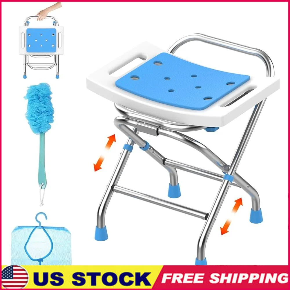

Height Adjustable Folding Shower Chair Portable Stainless Steel Shower Seat Anti-Slip Design with Crossbar 400LB Capacity Easy