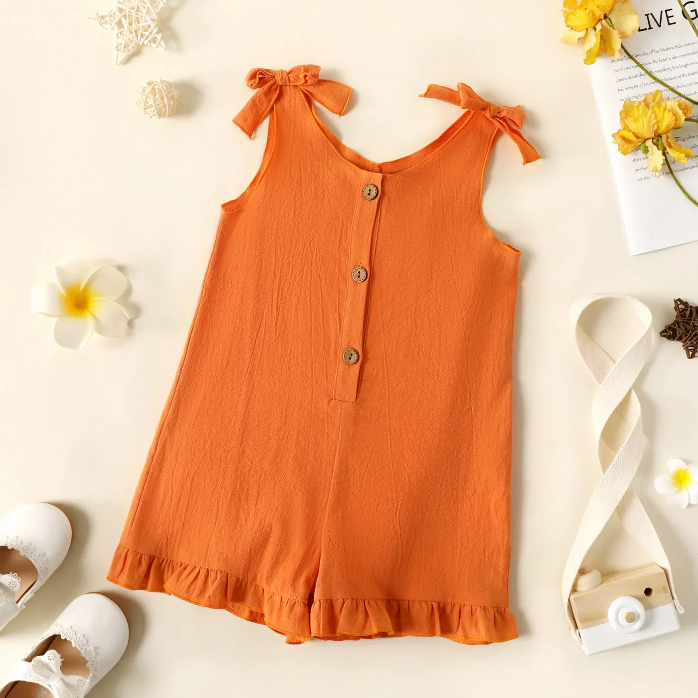 PatPat Toddler Girl Floral Print/Stripe/Orange Button Design Ruffled Cuff Bowknot Strap Romper Jumpsuit Shorts