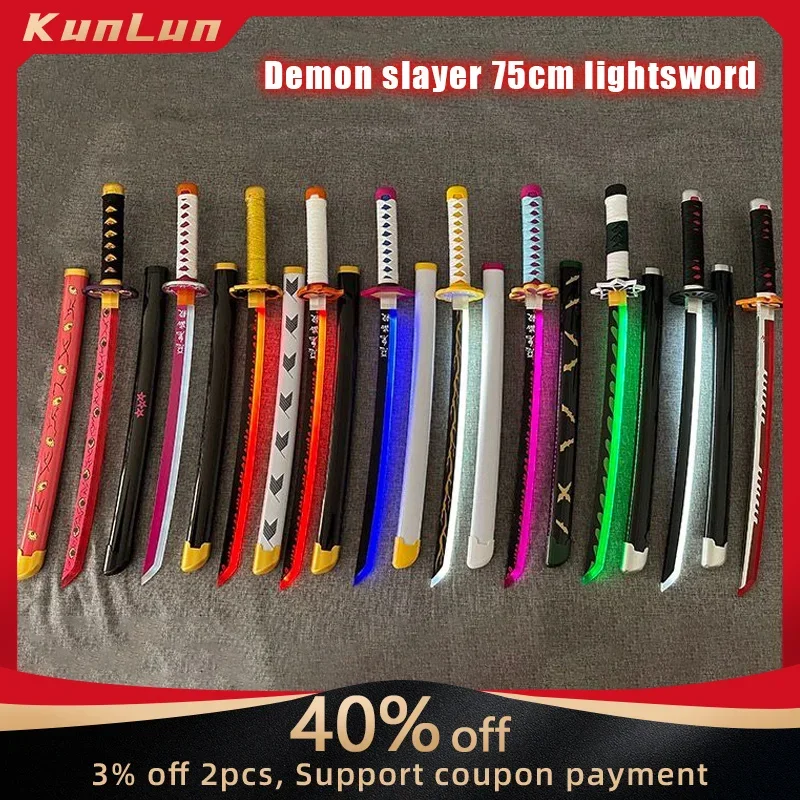 75cm Slayer Demon Katana Lightsaber Cos Tanjiro Prop 1:1 Replic Anime Wooden Samurai Cosplay Zenitsu Sword Night Toys for Kids