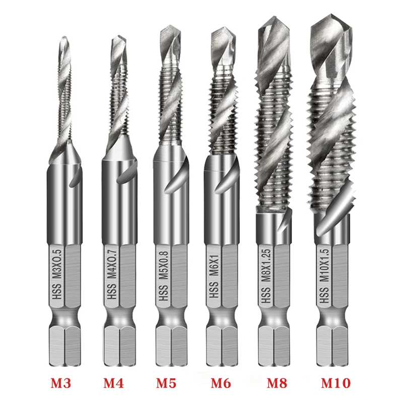 Vástago hexagonal de 6 piezas, rosca de tornillo HSS chapada en titanio, compuesto métrico, brocas de taladro, máquina de tornillo, M3, M4, M5, M8, M10, herramientas manuales
