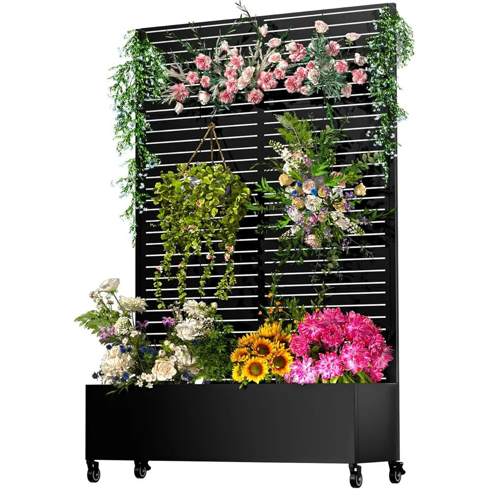72x47x16 Galvanized Steel Outdoor Raised Garden Bed with Trellis, Privacy Screen, Drainage, and Lockable Casters for Vegetables