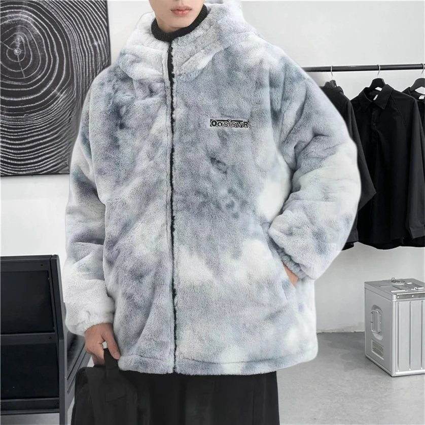 الخريف الشتاء الرجال التعادل صبغ الوقوف طوق صوف الضأن سترة سميكة مقنعين المطرزة القطن معطف رمادي داكن منتصف طول سترات #2