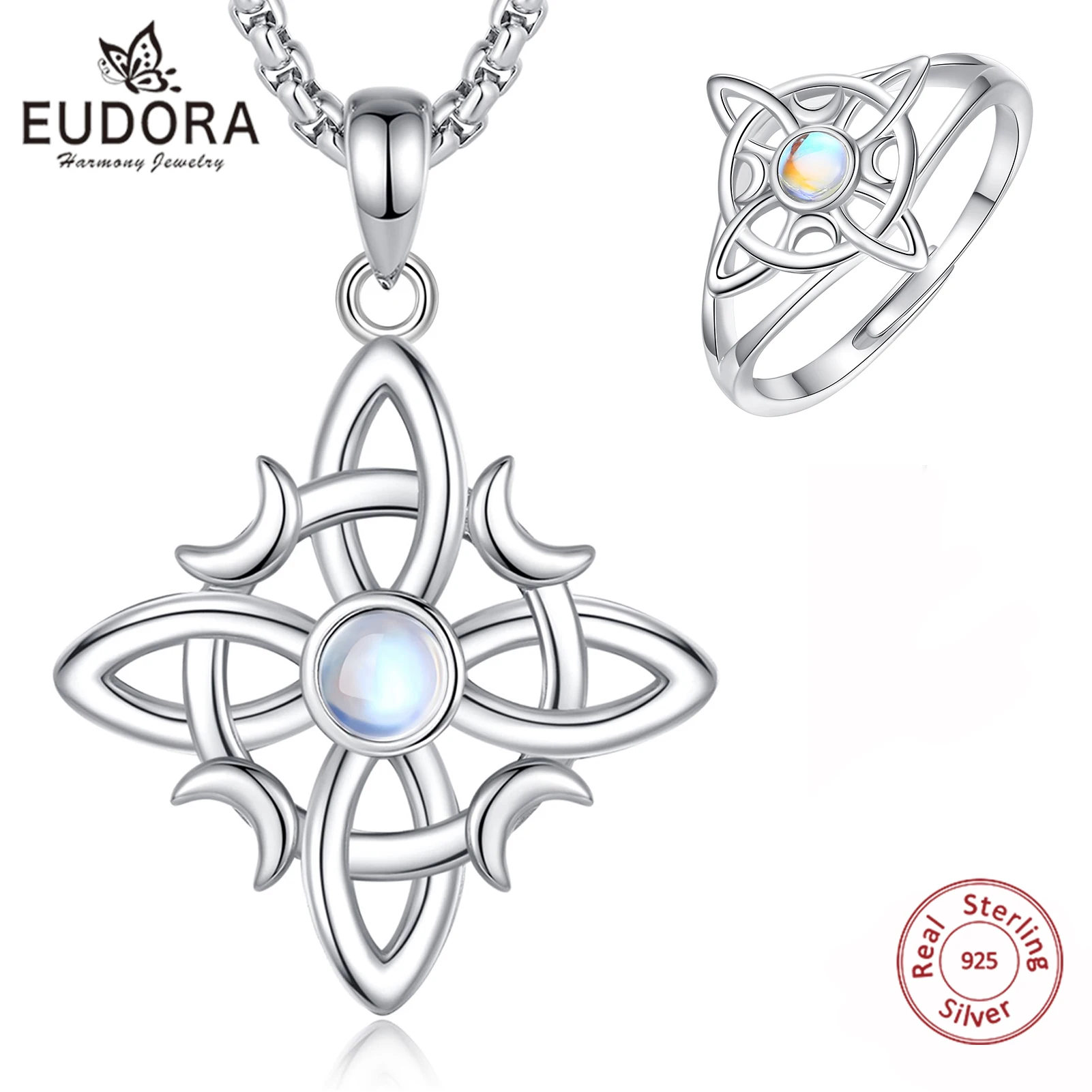 

Eudora nudo de bruja plata 925, кольцо и ожерелье с узлом ведьмы, комплект ювелирных изделий из лунного камня, подарок Викка для женщин и девочек