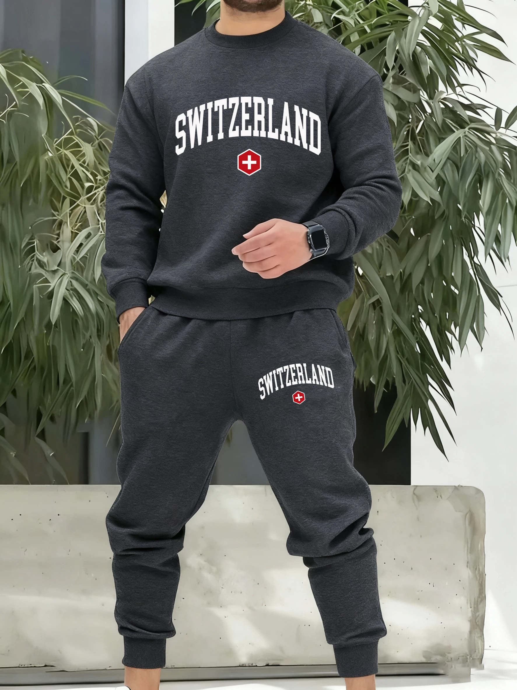 Switzerland Cross Printing Tracksuit For Men Retro Simple  Pocket Pants Autumn Loose Casual Clothing Unisex Basics Long Sleeve