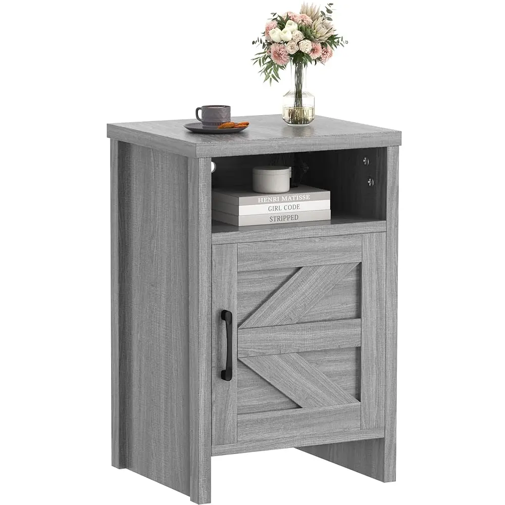 

Farmhouse Nightstand, Modern Bedside Table With Barn Door And Shelf, Rustic End Table Side Table For Bedroom, Living Room (1,