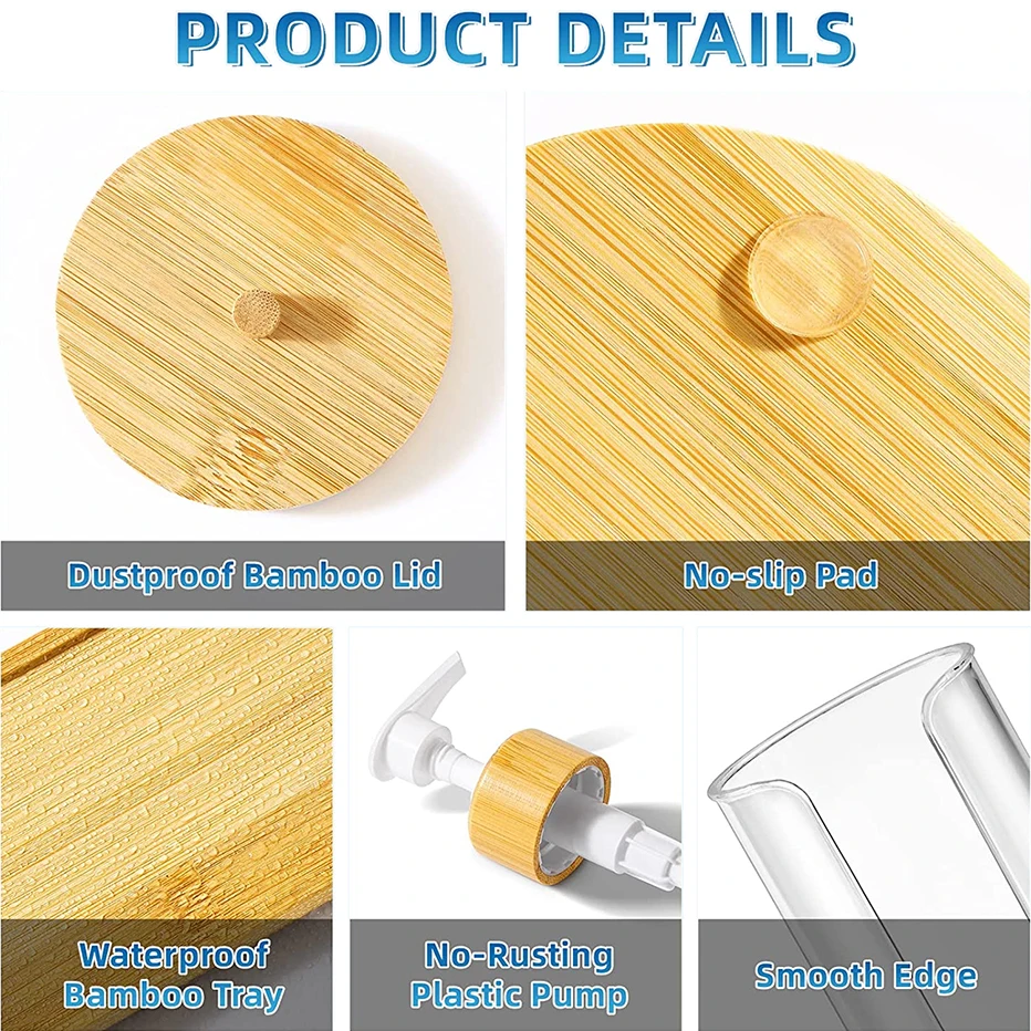 16Oz Mouthwash Dispenser Set for Bathroom MouthWash Pump Bottle Refillable Mouthwash Container with Bamboo Lid/Tray/Label