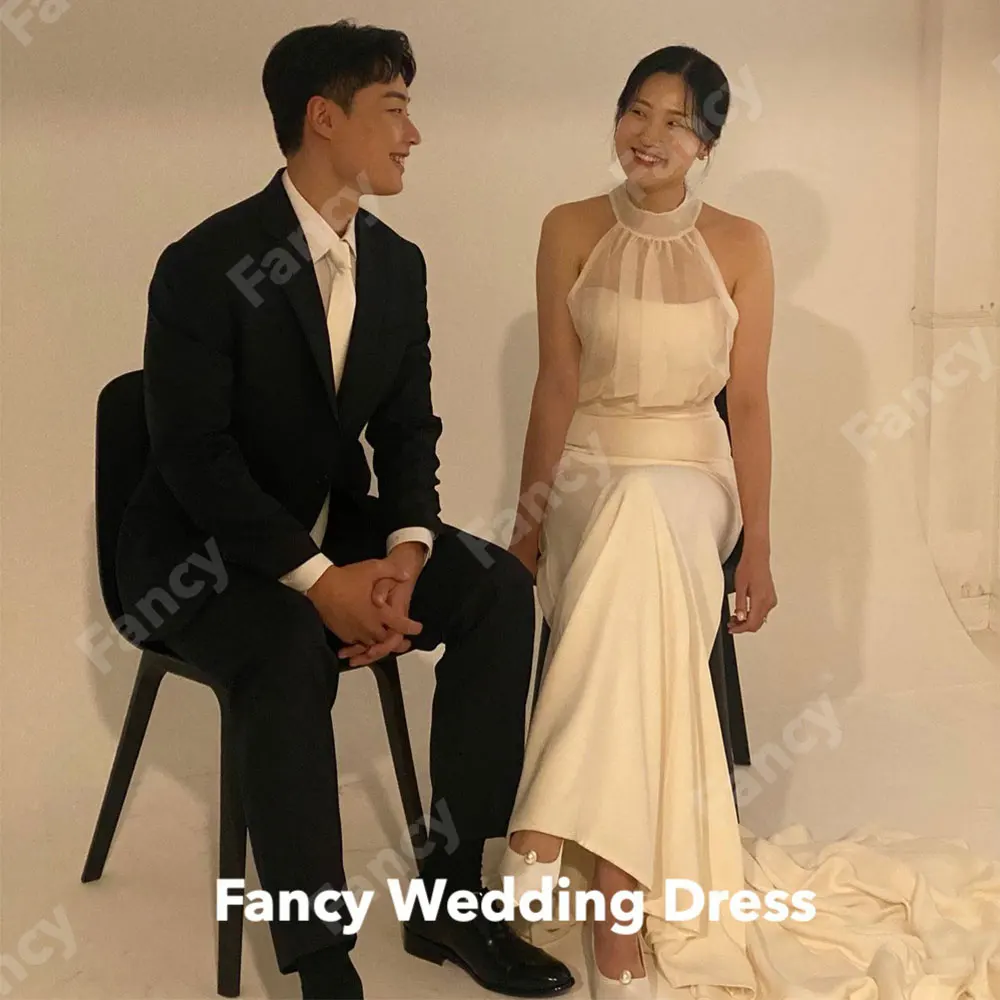 

Fancy Simple Halter Ivory Wedding Dress Korea Photoshoot Mermaid Soft Elastic Satin Bridal Gown Floor Length customized