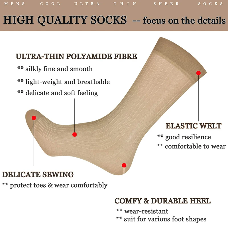 5pairs/lot New Solid Business Mens Summer Socks Thin Silk High Elastic Nylon Breathable Casual Short Cool Socks Work Trouser