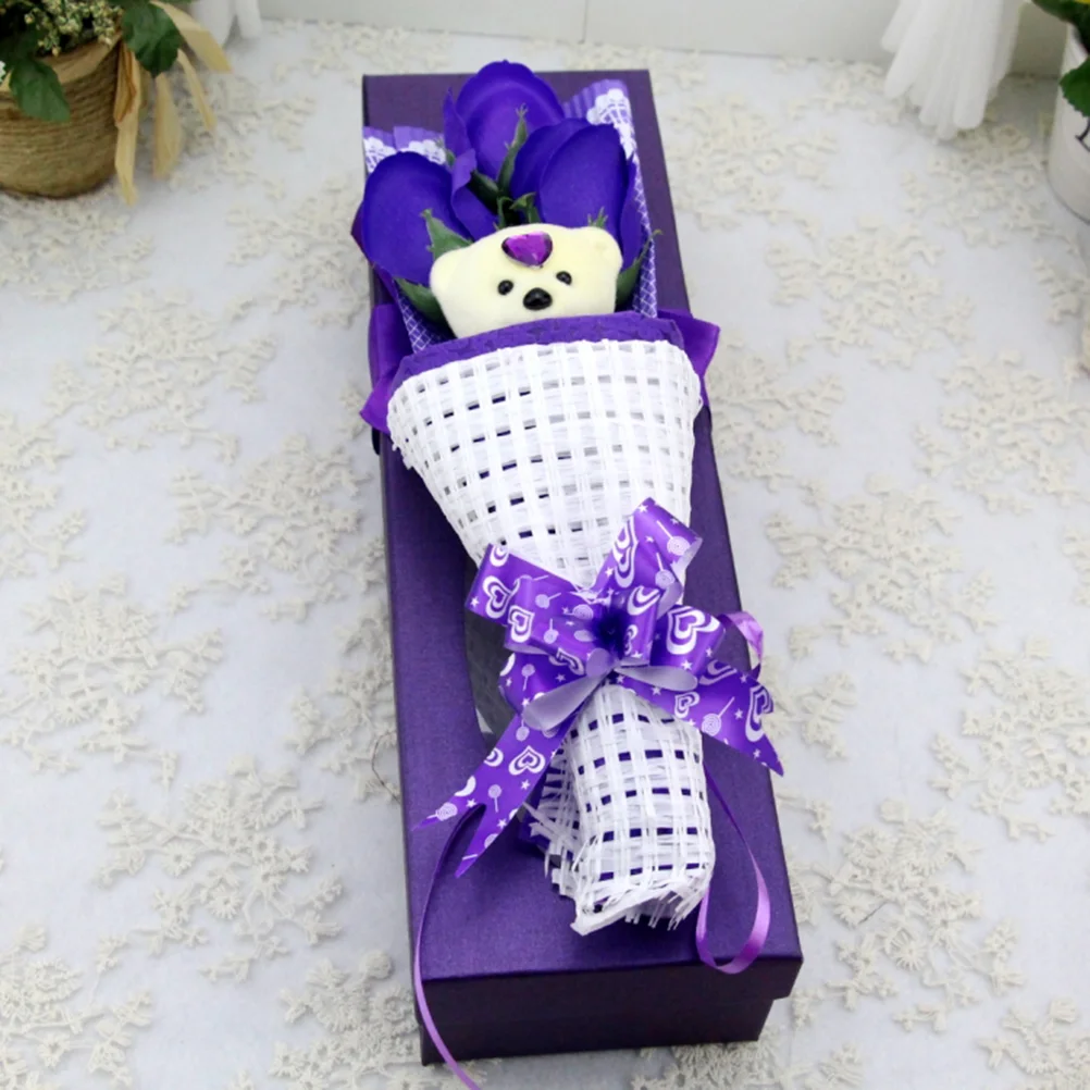 Soap Flower Bouquet Gift Simulation Arrangement Box 3 Roses Bear Gift Box Novelty Gifts(Random Color)