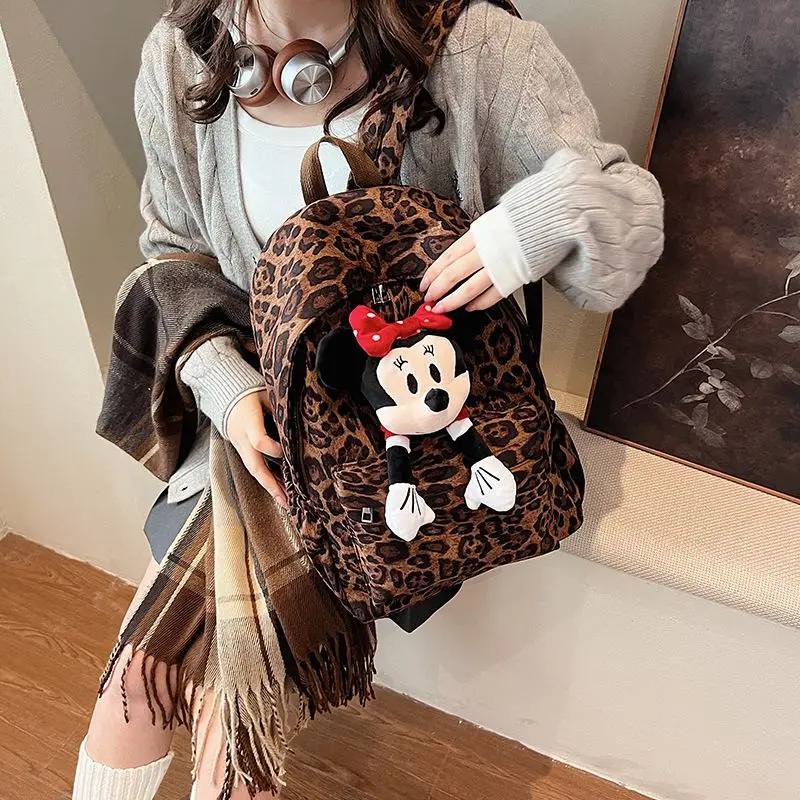 Disney Cartoon Minnie Cute and Sweet Girl Going Out Fashionable and Versatile Large Capacity Shoulder Leopard Print Backpack