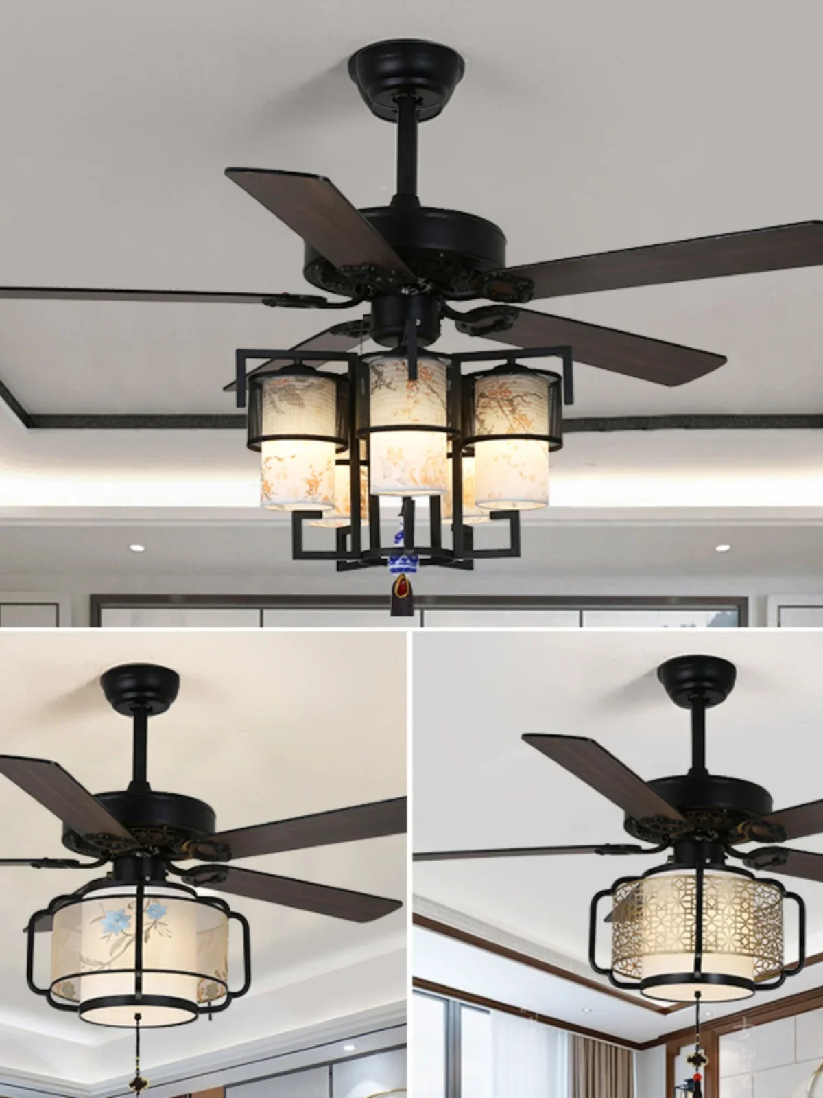 

New Chinese restaurant ceiling fan light Chinese style antique living room fan chandelier household wooden leaf lantern electric