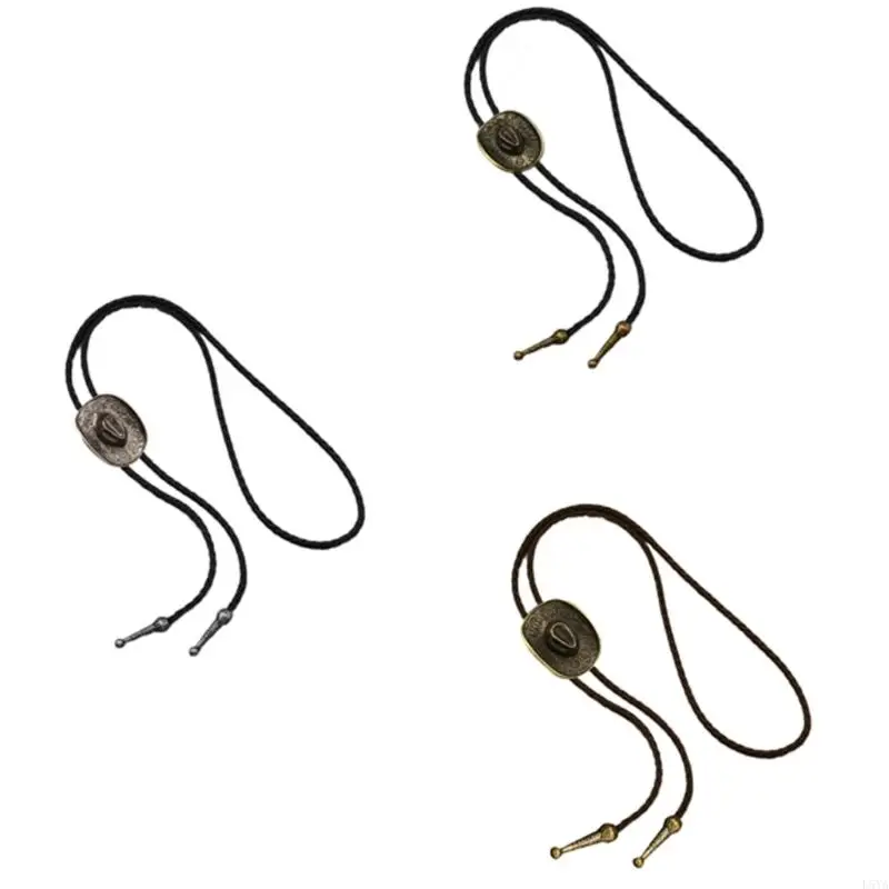 

L5YA Vintage Cowboy Hat Bolo Tie Necklace With Wheat Star Charm PU Leather Cord Unisex